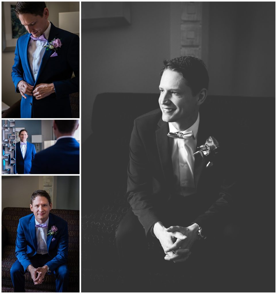 Portraits of the groom in a navy suit with a purple rose boutonniere on the day of his wedding in Milwaukee