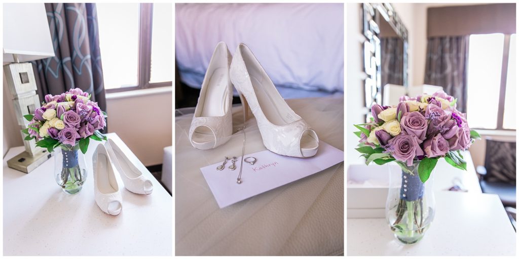 Bridal wedding day details including white lace shoes, silver jewelry and a purple rose bouquet in Milwaukee