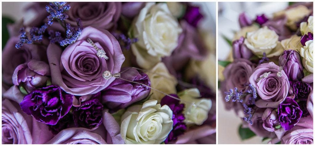 Detailed shot of the Milwaukee bride's purple rose bouquet with the ring and necklace placed within the flowers
