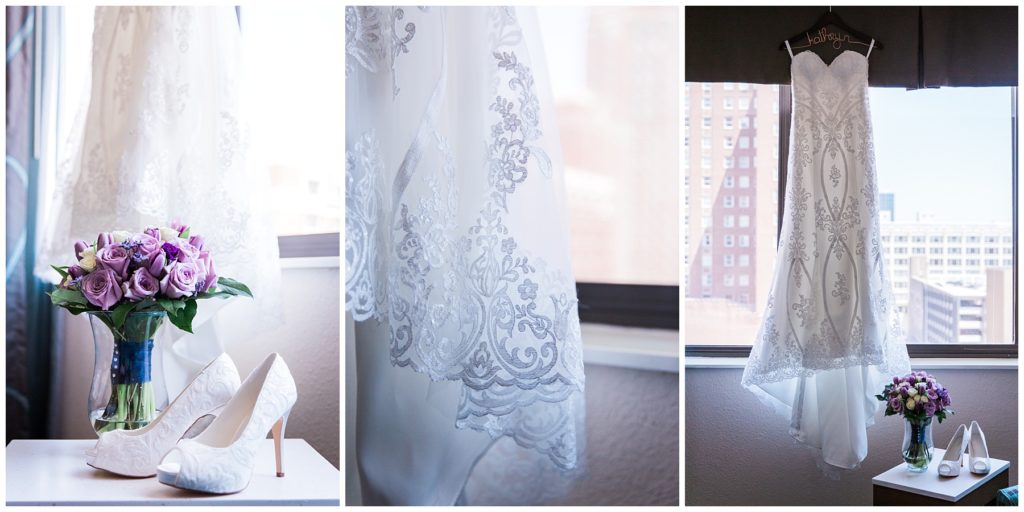 Images that show Milwaukee bride's wedding dress and details including white lace shoes, purple rose bouquet and a close up of the lace on her wedding dress