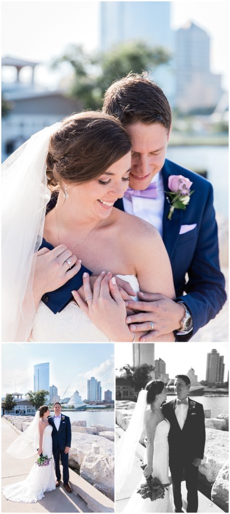 Portraits of a bride and groom on their Milwaukee wedding day by the lakefront with the skyline in the background