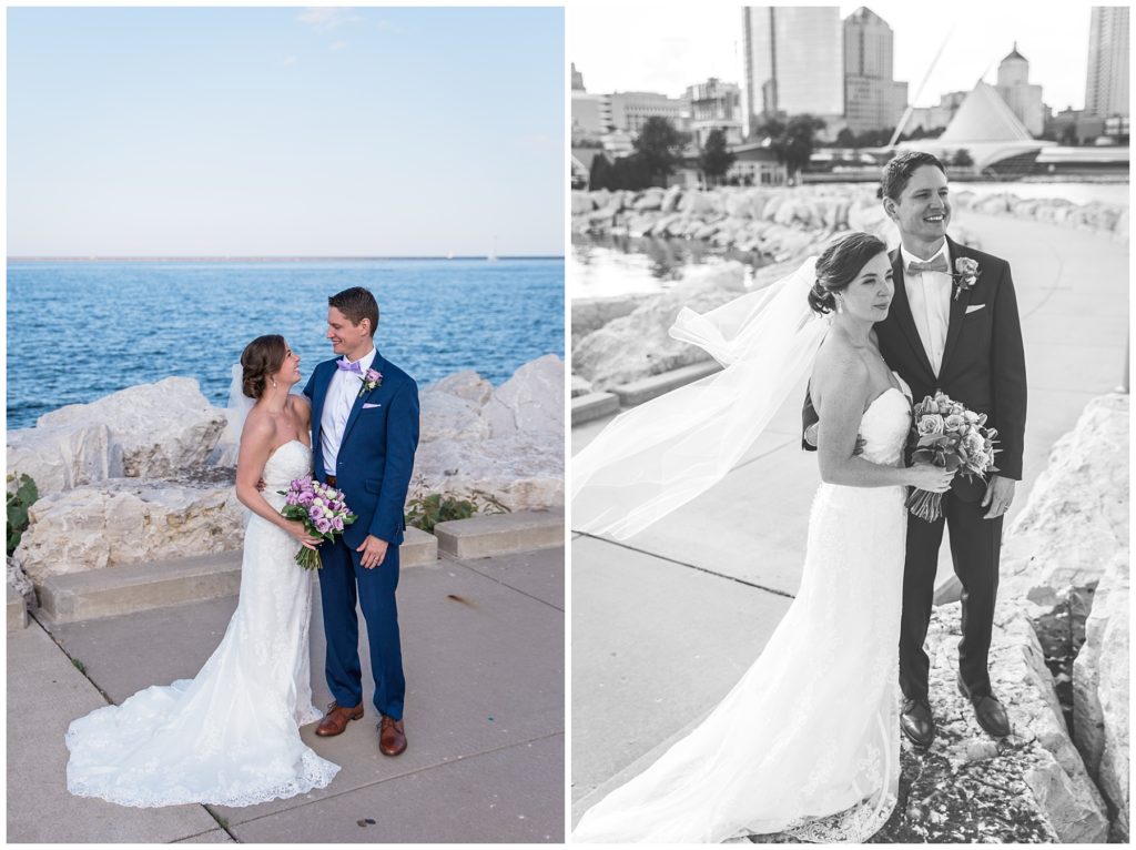 Bride and groom stand next to eachother with views of Lake Michigan on a Milwaukee wedding day