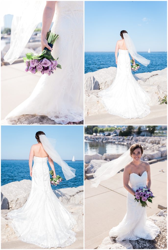 Pictures of the bride wearing a white lace dress with a purple rose bouquet on Lake Michigan in Milwaukee