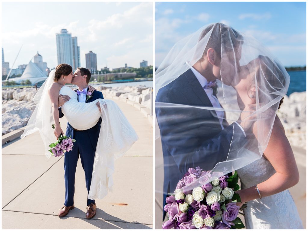 Groom holding bride and kissing her, next to married couple kissing underneath the veil on their wedding day in Milwaukee