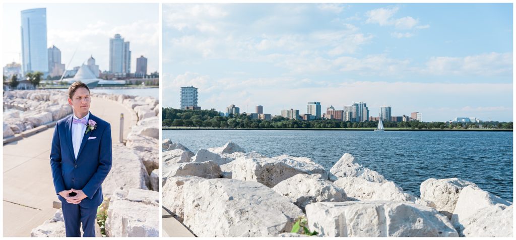 Groom wearing navy suit on his wedding day in Milwaukee with views of Lake Michigan and the skyline