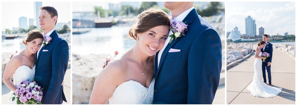 Bride leaning into grooms chest while holding her purple rose bouquet on Milwaukee wedding day