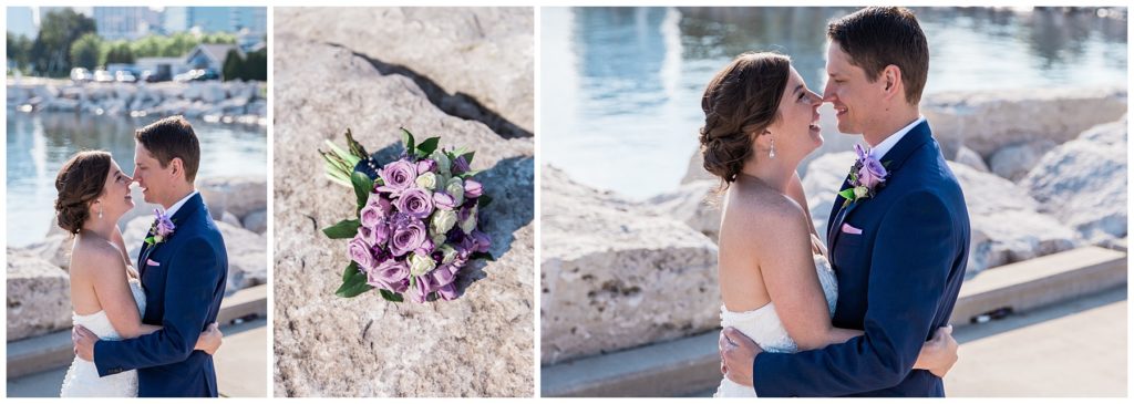 Couple embracing each other close on their Milwaukee wedding day, image of a purple tulip and purple rose bouquet