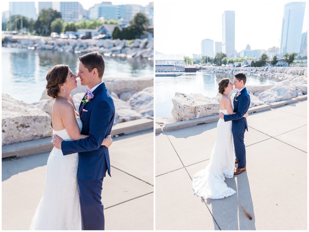 Bride and groom holding each other close on their wedding day in Milwaukee alongside Lake Michigan