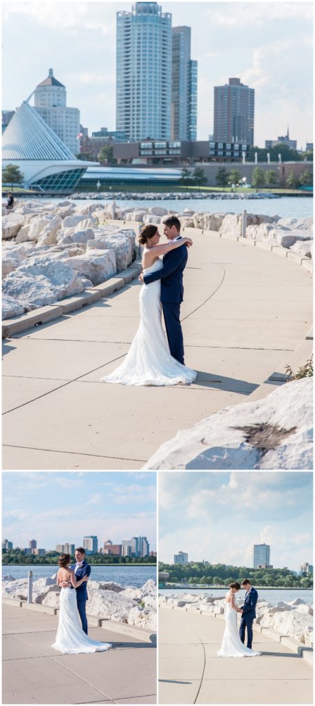 Couple on their wedding day in Milwaukee with Lake Michigan and the skyline in the background