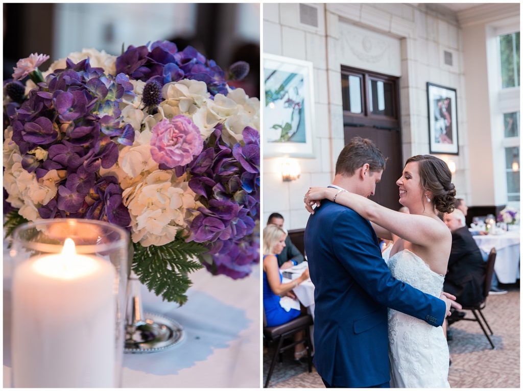 Purple and blue hydrangea centerpiece at Bacchus, a Milwaukee wedding venue and couple sharing their first dance