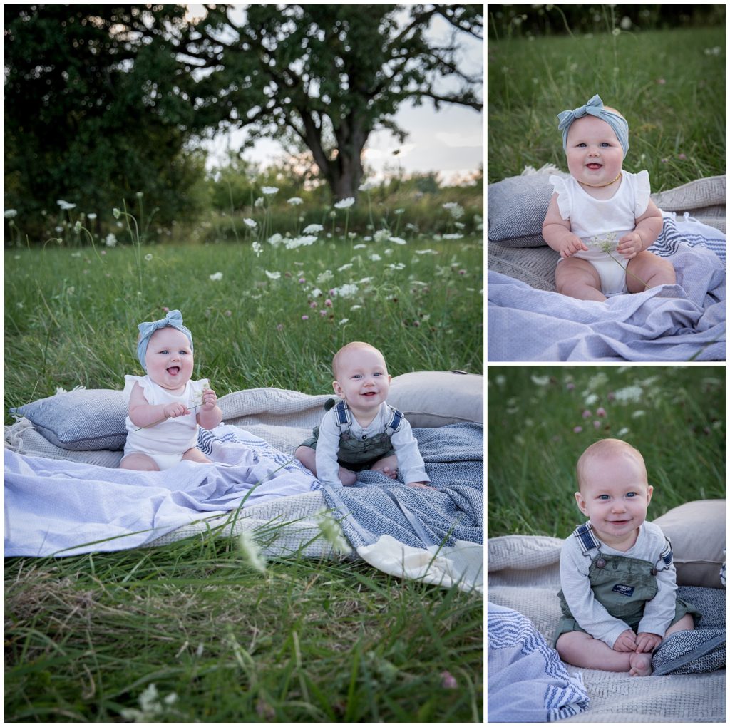 Cousin babies in a field during an extended family photo shoot in Milwaukee