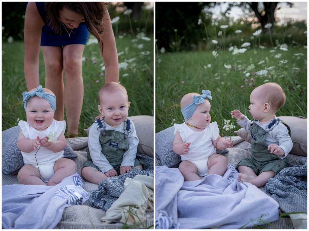 Cousin babies play together during photo session with Milwaukee Photographer