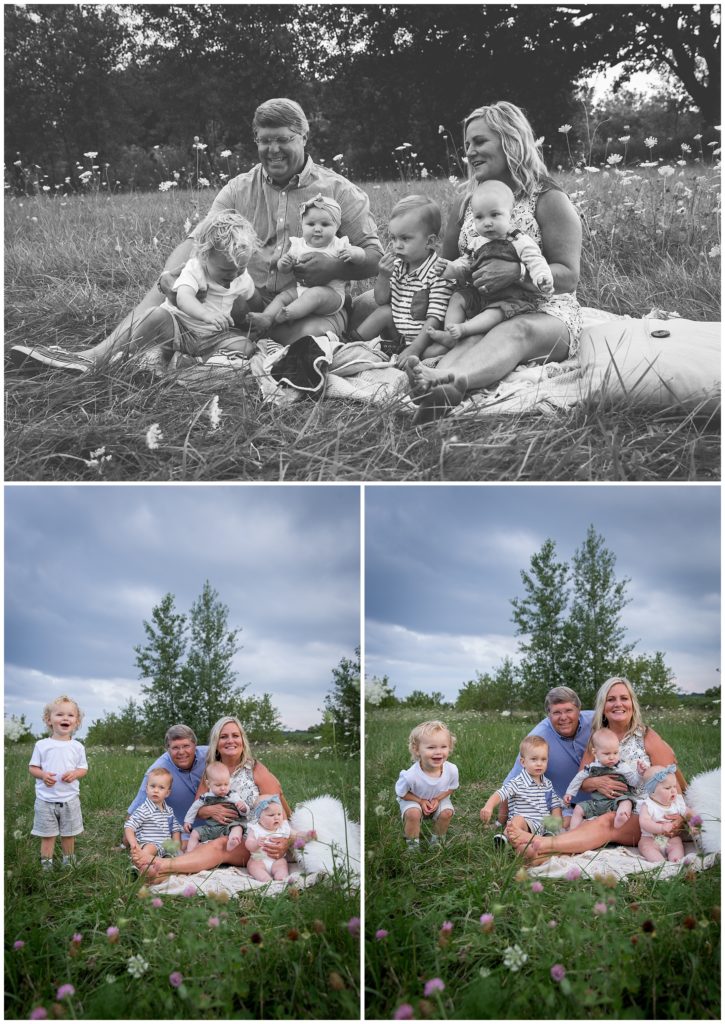 Grandparents in field with four grandchildren during Milwaukee Family Photo Session