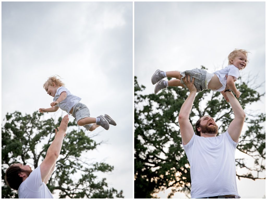 Father and Son playing during family photo session in Menomonee Falls, Wisconsin