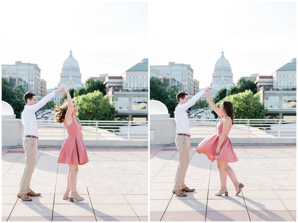 Engaged Couple Dancing at Monona Terrace in Madison, WI