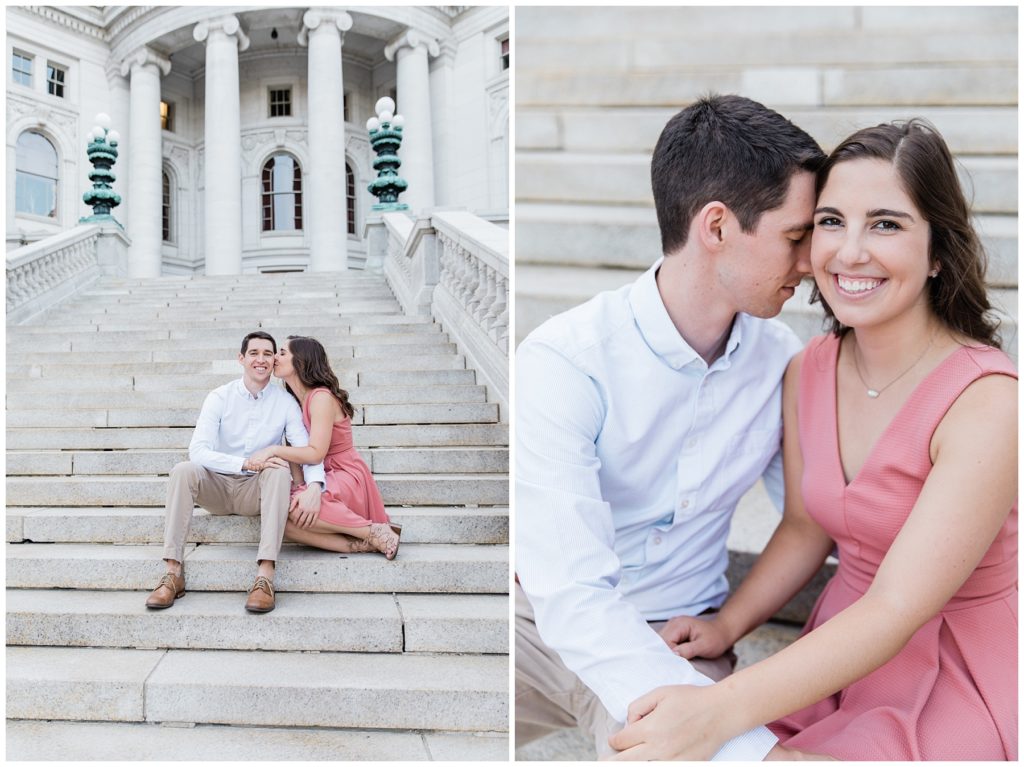 Engaged couple on steps of Wisconsin State Capitol