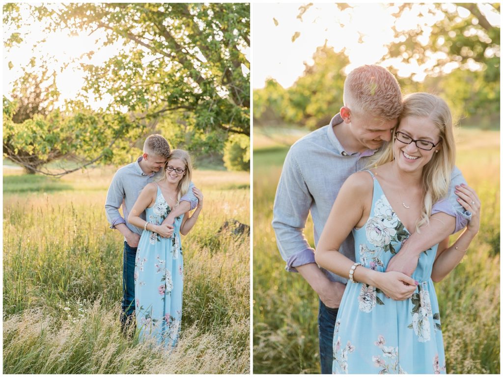 Couple snuggles during engagement session in Milwaukee area