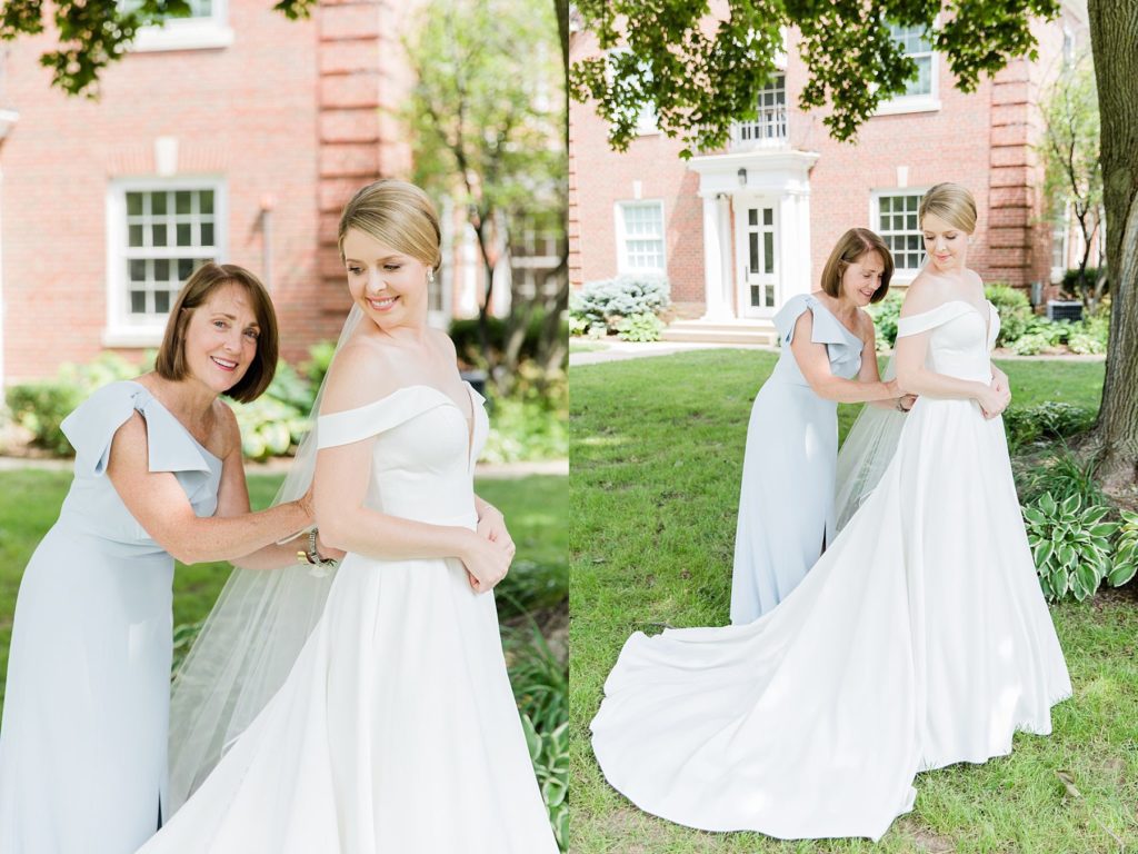 Mother of the bride puts on her wedding dress