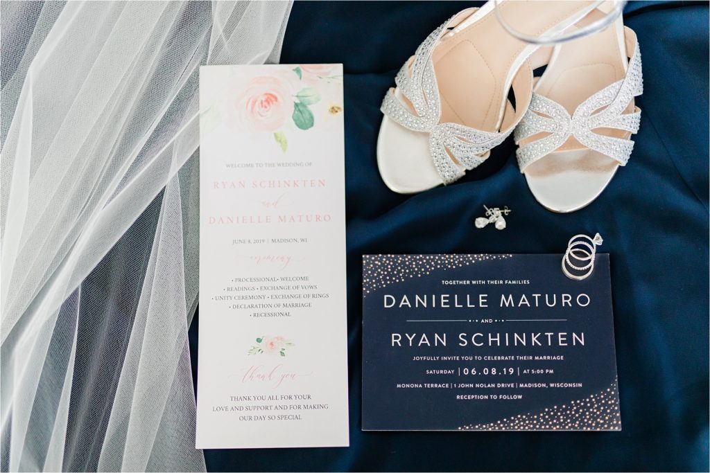 Monona Terrace wedding details including bridal accessories and the invitation suite