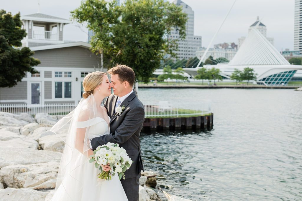 Bride and Groom on Milwaukee Lakefront on Wedding Day